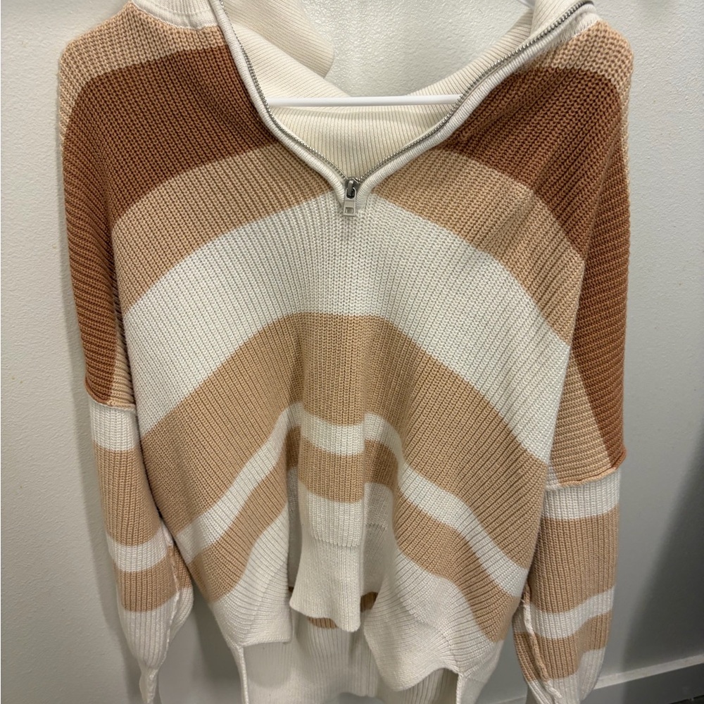 Aerie 100% Cotton Beyond Quarter-Zip Sweater in Cream and Tan